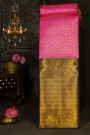 Kancheepuram Silk Pink Saree With Florals And Leaves Body And Contrast Florals And Leaves With Peacocks Border