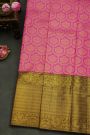 Kancheepuram Silk Pink Saree With Florals And Leaves Body And Contrast Florals And Leaves With Peacocks Border