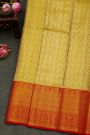 Kancheepuram Silk Gold Saree With Florals And Leaves Body And Contrast Zig-Zag Lines With Florals And Animals Border