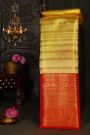 Kancheepuram Silk Golden Yellow Saree With Strips Body And Contrast Florals And Leaves With Peacocks Border