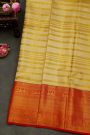 Kancheepuram Silk Golden Yellow Saree With Strips Body And Contrast Florals And Leaves With Peacocks Border