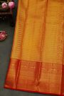 Kancheepuram Silk Golden Yellow Saree With Strips Body And Contrast Florals And Leaves With Peacocks Border