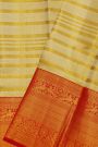 Kancheepuram Silk Golden Yellow Saree With Strips Body And Contrast Florals And Leaves With Peacocks Border