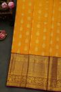 Kancheepuram Silk Yellow Saree With Peacock Buttis Body And Contrast Zari Diamonds, Florals And Animals Border