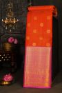 Kancheepuram Silk Red Saree With Peacock Buttis Body And Contrast Zari Florals, Leaves And Peacocks Border