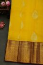 Kancheepuram Silk Golden Yellow Saree With Florals And Leaves Body And Contrast Florals And Leaves Jaal Border