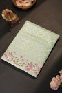 Fancy Kora Sea Blue Saree With All Over Cross Checks Body And Self Design Florals And Leaves In Thread Work Border