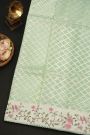 Fancy Kora Sea Blue Saree With All Over Cross Checks Body And Self Design Florals And Leaves In Thread Work Border