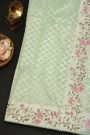 Fancy Kora Sea Blue Saree With All Over Cross Checks Body And Self Design Florals And Leaves In Thread Work Border
