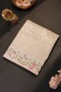 Fancy Kora Light Peach Saree With All Over Cross Checks Body And Self Design Florals And Leaves In Thread Work Border