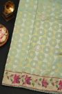 Fancy Kora Mint Green Saree With Florals And Polkas In Zari With Thread Work Body And Self Design Florals And Leaves Jaal Border
