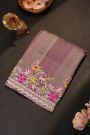 Fancy Tussar Purple Saree With All Over Lines Body And Self Design Florals And Leaves In Thread Work Border