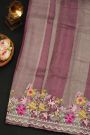 Fancy Tussar Purple Saree With All Over Lines Body And Self Design Florals And Leaves In Thread Work Border
