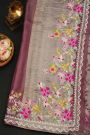 Fancy Tussar Purple Saree With All Over Lines Body And Self Design Florals And Leaves In Thread Work Border