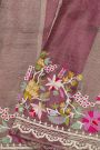 Fancy Tussar Purple Saree With All Over Lines Body And Self Design Florals And Leaves In Thread Work Border