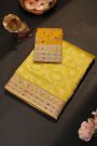 Fancy Kora Yellow Saree With Florals, Peacocks And Elephants In Zari Checks And Contrast Florals And Leaves Jaal Border