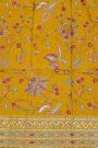Fancy Kora Yellow Saree With Florals, Peacocks And Elephants In Zari Checks And Contrast Florals And Leaves Jaal Border