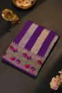 Fancy Kora Purple Saree With All Over Lines Body And Self Design Florals And Peacocks With Temples Border