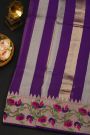 Fancy Kora Purple Saree With All Over Lines Body And Self Design Florals And Peacocks With Temples Border