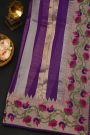 Fancy Kora Purple Saree With All Over Lines Body And Self Design Florals And Peacocks With Temples Border