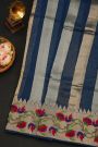 Fancy Kora Navy Blue Saree With All Over Zari Lines Body And Self Design Florals And Leaves Jaal With Temples Border
