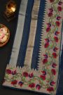 Fancy Kora Navy Blue Saree With All Over Zari Lines Body And Self Design Florals And Leaves Jaal With Temples Border