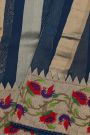 Fancy Kora Navy Blue Saree With All Over Zari Lines Body And Self Design Florals And Leaves Jaal With Temples Border