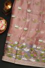 Fancy Tussar Onion Pink Saree With Florals And Leaves With Swans In Thread Work Body And Self Design Florals And Swans In Thread Work Border