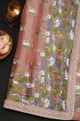 Fancy Tussar Onion Pink Saree With Florals And Leaves With Swans In Thread Work Body And Self Design Florals And Swans In Thread Work Border