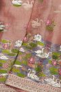 Fancy Tussar Onion Pink Saree With Florals And Leaves With Swans In Thread Work Body And Self Design Florals And Swans In Thread Work Border