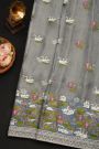 Fancy Tussar Grey Saree With Florals And Leaves With Swans In Thread Work Body And Self Design Florals And Swans In Thread Work Border