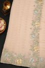 Fancy Crepe Cream Saree With All Over Zari Lines Body And Self Design Florals And Leaves With Birds In Thread Work Border