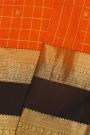 Kancheepuram Silk Orange Saree With Florals In Zari Checks Body And Contrast Gap Border