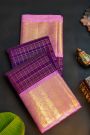 Kancheepuram Silk Purple Saree With Contrast Florals And Leaves Border