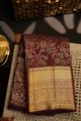Kancheepuram Silk Maroon Saree With Florals And Leaves Jaal In Silver Zari Body Self Border