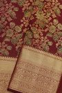 Kancheepuram Silk Maroon Saree With Florals And Leaves Jaal In Silver Zari Body Self Border