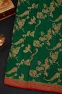Fancy Georgette Bottle Green Saree With Florals And Leaves With Birds Body And Contrast Kaddi Border