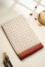Banarasi Kaddi Georgette Off White Saree With Peacocks In Cross Checks Body