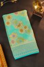 Fancy Georgette Sea Green Saree With Diamond Grid Zari Jaal, Elephant Buttis, Florals And Leaves Body And Self Florals And Animals Border