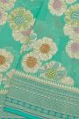 Fancy Georgette Sea Green Saree With Diamond Grid Zari Jaal, Elephant Buttis, Florals And Leaves Body And Self Florals And Animals Border