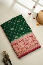 Banarasi Kaddi Georgette Bottle Green Saree With Florals And Pichwai Cows Body