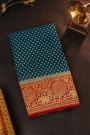 Banarasi Silk Teal Blue Saree With Zari Buttas Body And Contrast Florals And Leaves With Animals Border