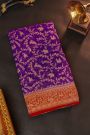 Banarasi Silk Purple Saree With Florals And Leaves Jaal With Animals Body And Contrast Florals And Leaves Jaal Border