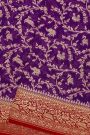 Banarasi Silk Purple Saree With Florals And Leaves Jaal With Animals Body And Contrast Florals And Leaves Jaal Border