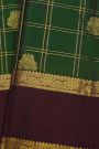 Kancheepuram Silk Bottle Green Saree With Florals And Peacocks In Zari Checks