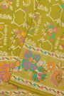 Banarasi Silk Parrot Green Saree With Florals And Leaves Body And Self Florals And Leaves Border