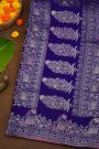 Banarasi Soft Silk Royal Blue Saree With Florals With Leaves Body And Self Florals And Leaves Border