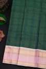 Kancheepuram Silk Bottle Green Saree With Zari Checks Body And Contrast Florals And Peacocks Border