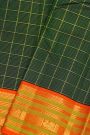 Kancheepuram Silk Bottle Green Saree With Zari Checks Body And Contrast Florals And Peacocks Border