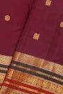 Kancheepuram Silk Wine Saree With Florals And Peacocks Body And Contrast Florals And Peacocks Border